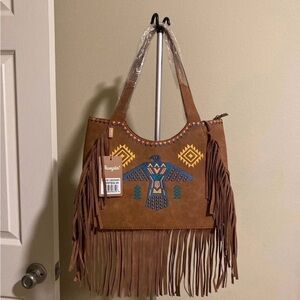 NWT…Brown and Blue Shoulder Bag with Fringe and Embroidery